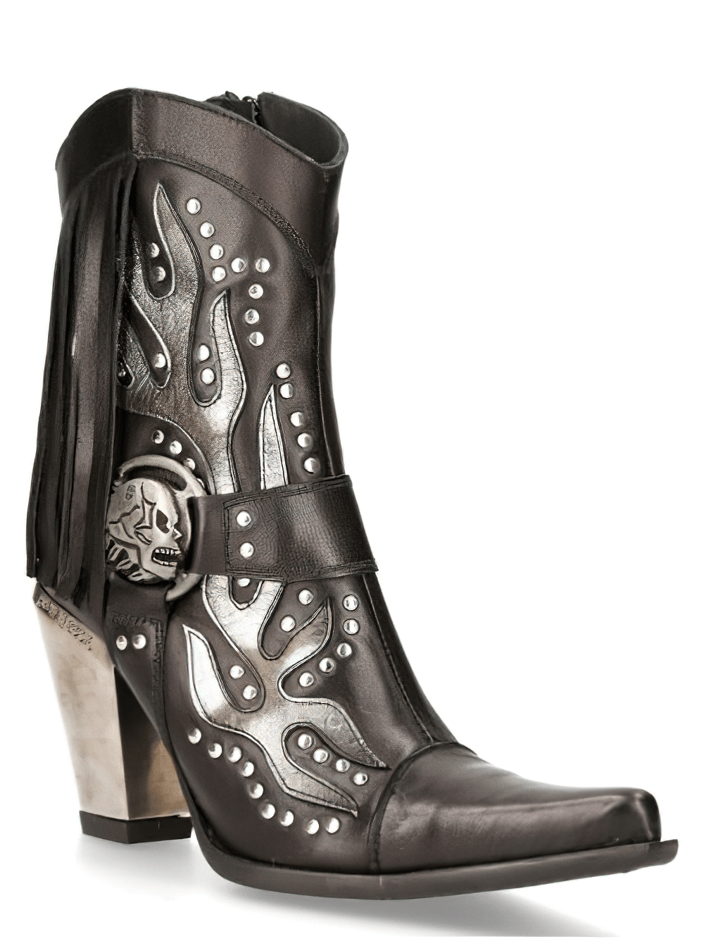 Stylish black leather women's Western ankle boots with metal accents and unique design.