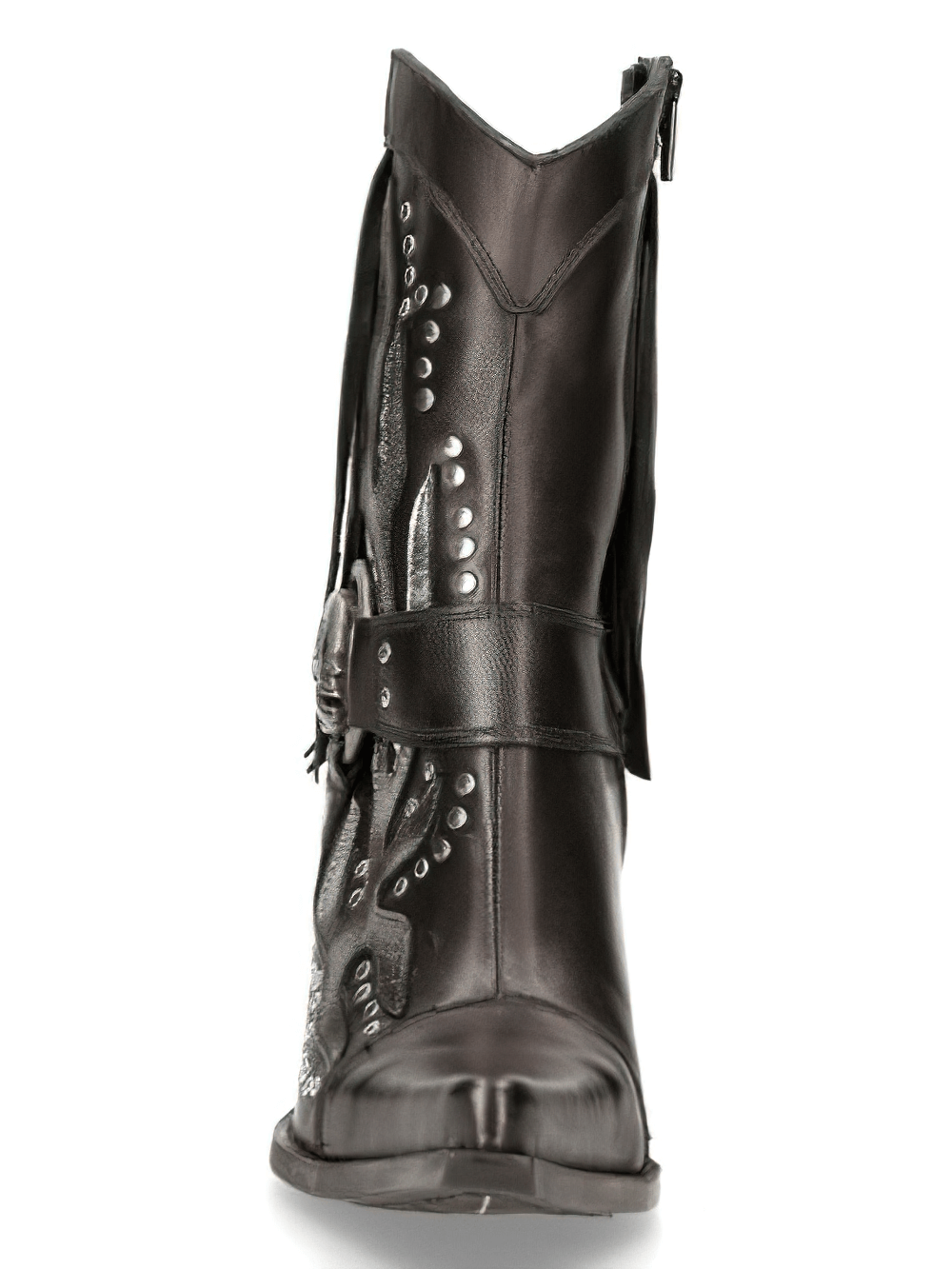 Stylish black leather western ankle boots with metal accents and decorative straps.