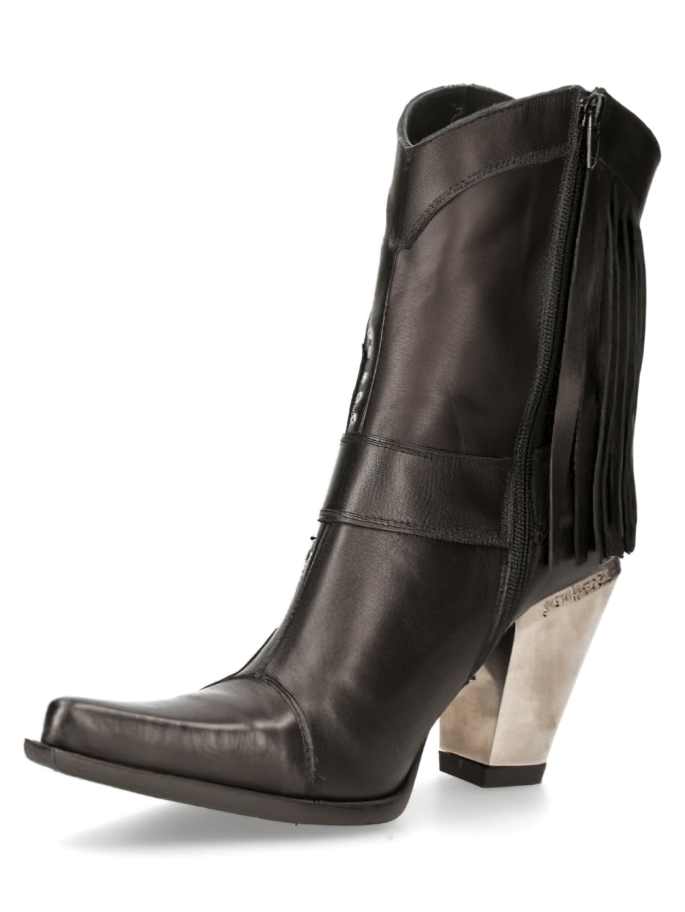 Stylish black leather women's ankle boots with fringe and metal accents, featuring a bold heel for a western punk vibe.