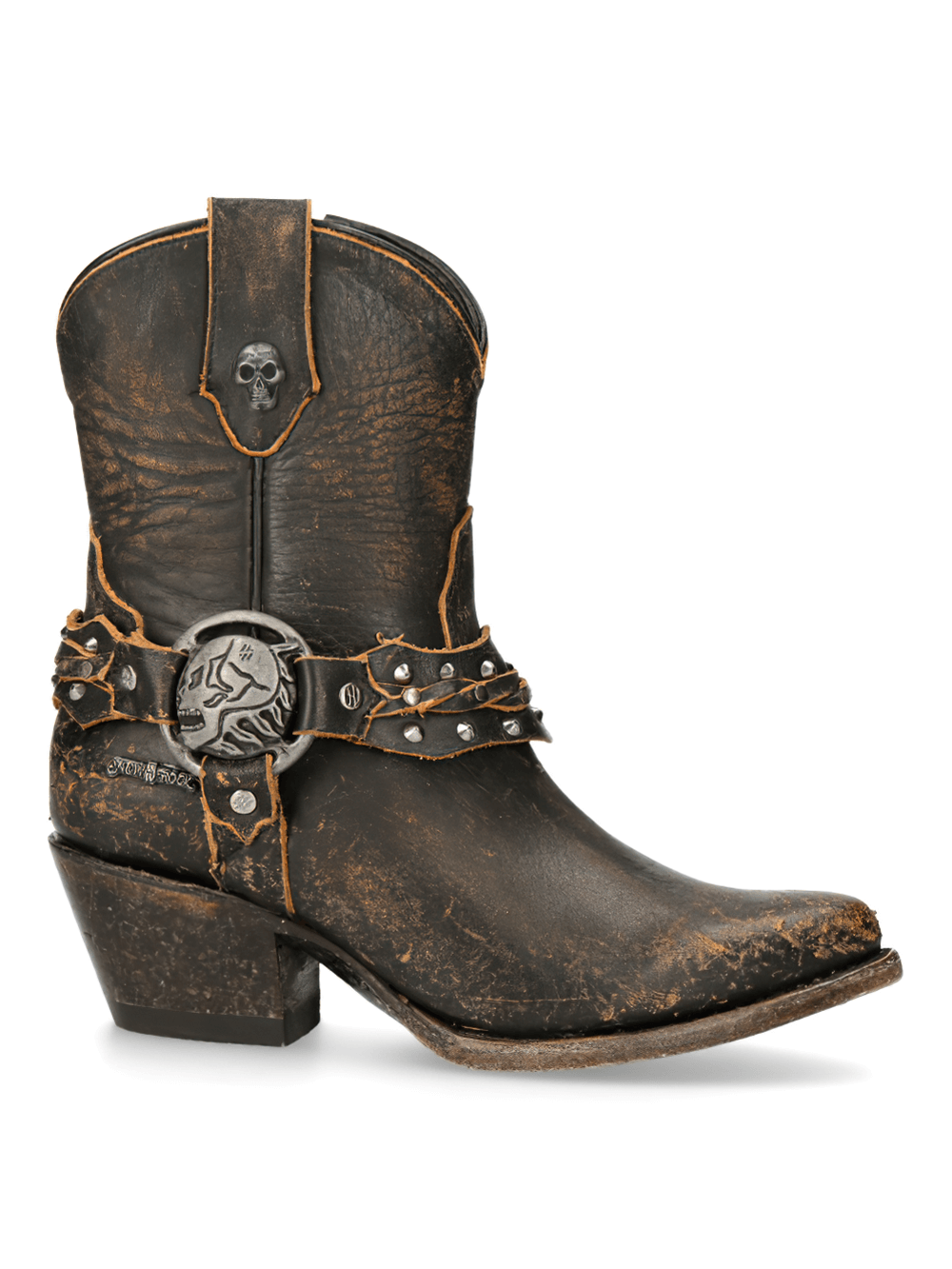 NEW ROCK women's vintage brown leather western ankle boots with spikes and metal detail.