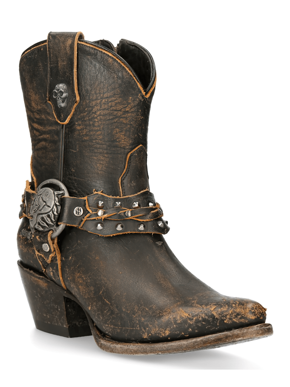 NEW ROCK vintage women's brown leather western ankle boots with spikes and decorative strap.