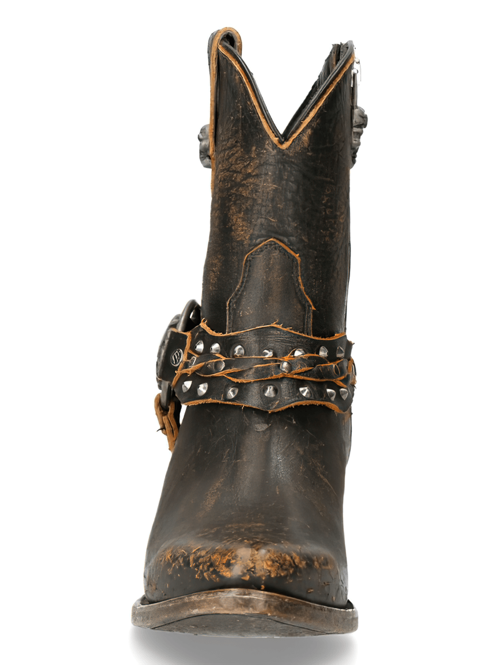 NEW ROCK women's vintage brown leather western ankle boots with spikes, featuring a pointed toe and rugged design.