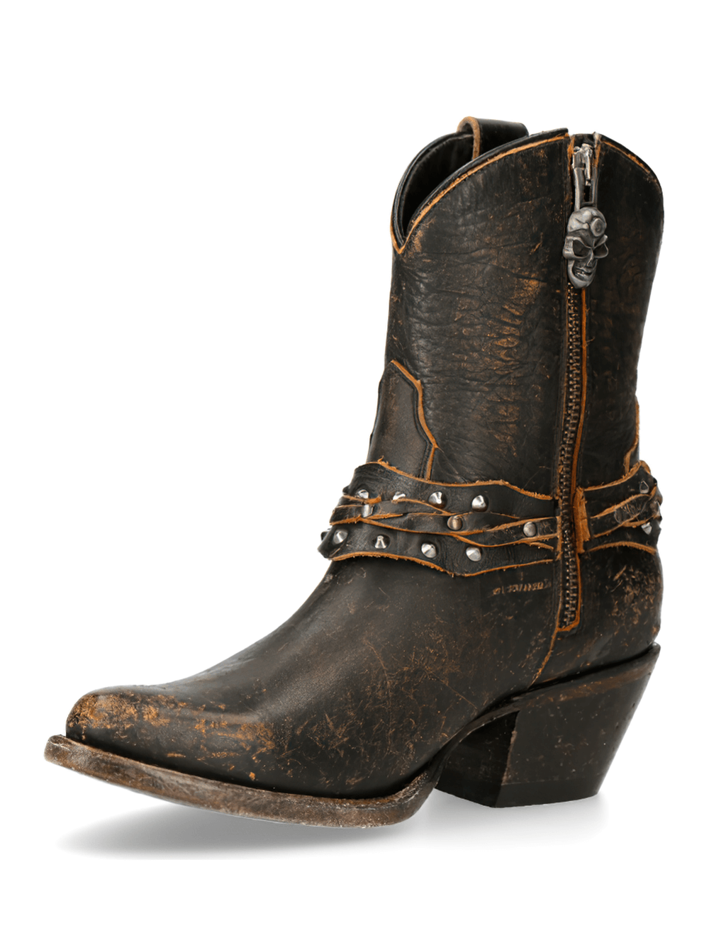NEW ROCK Women's Brown Leather Western Ankle Boots with Spikes, featuring a stylish pointed toe and edgy design.