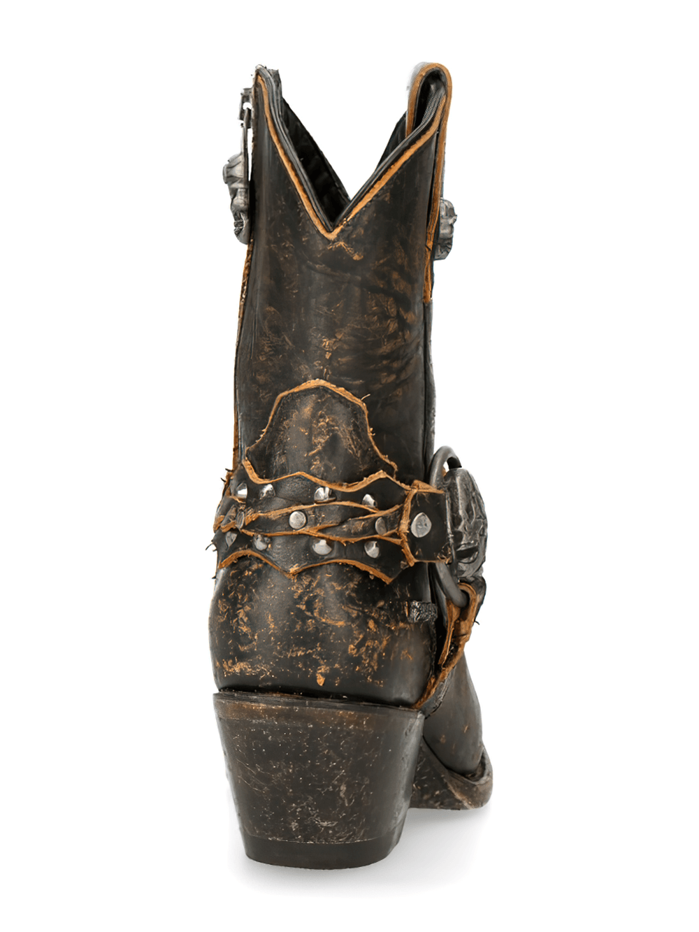 Back view of vintage black leather women's western ankle boots with spikes and decorative harness.