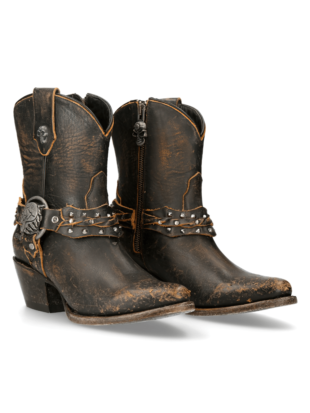 NEW ROCK women's vintage brown leather western ankle boots with spikes and a stylish stacked heel.