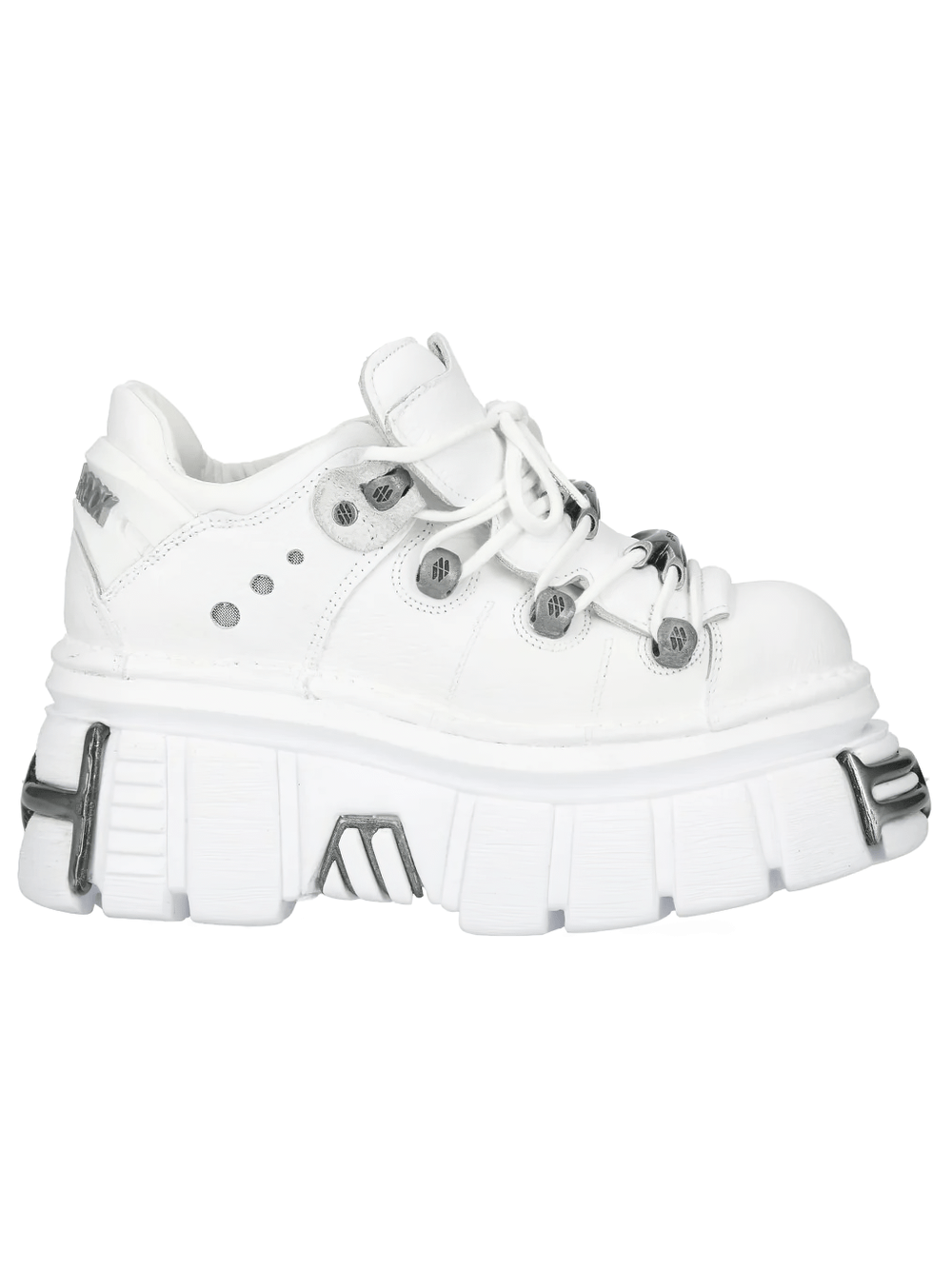 NEW ROCK Women's White Platform Shoes with Silver Hardware side view showcasing bold cyber rock style.