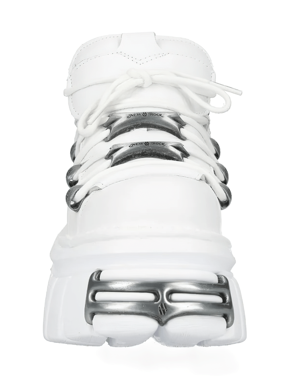 NEW ROCK Women's White Platform Shoes with Silver Hardware featuring oversized tongue and sculpted sole.