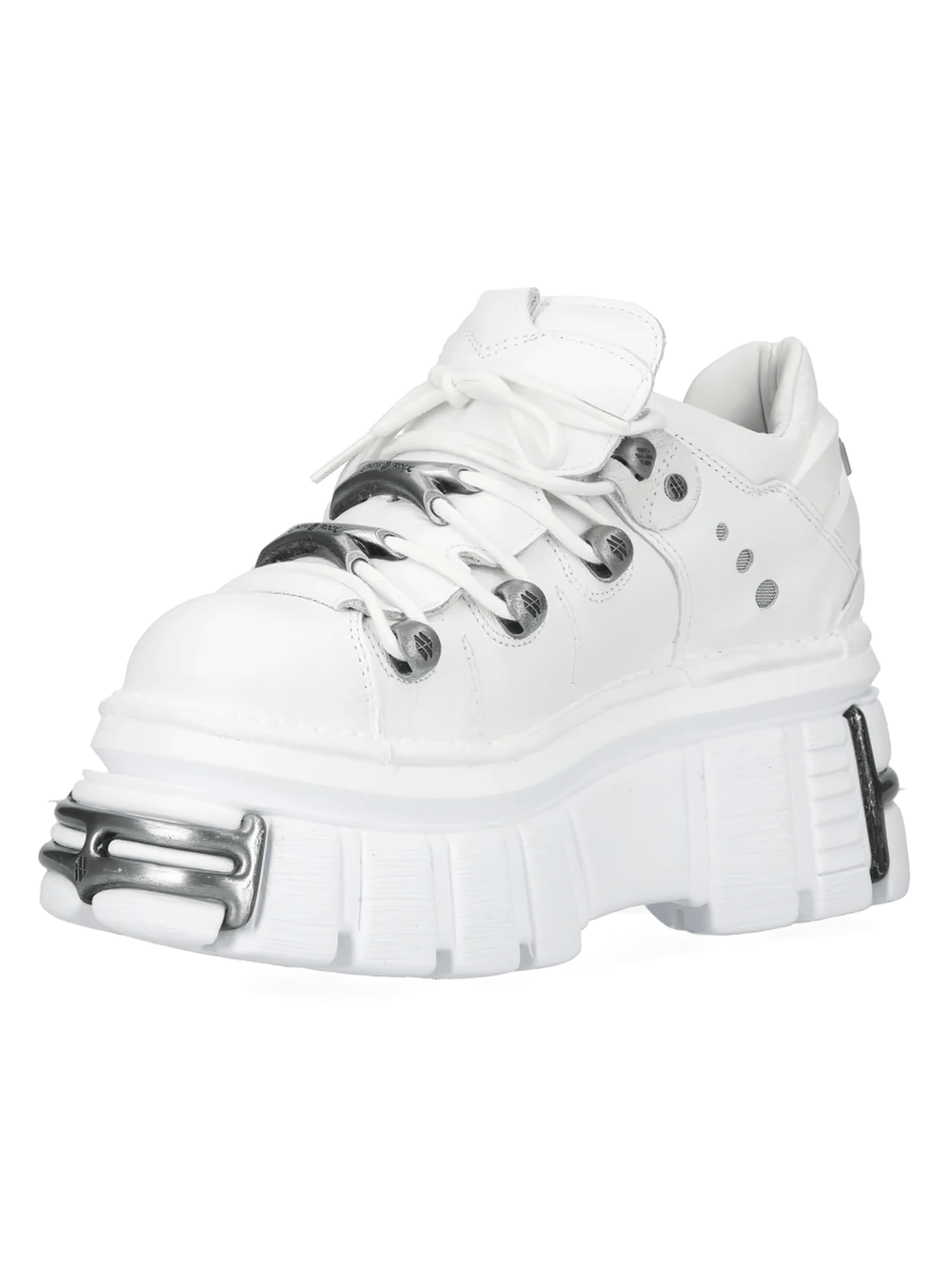 NEW ROCK Women's White Platform Shoes with Silver Hardware showcasing sculpted sole and punk style.