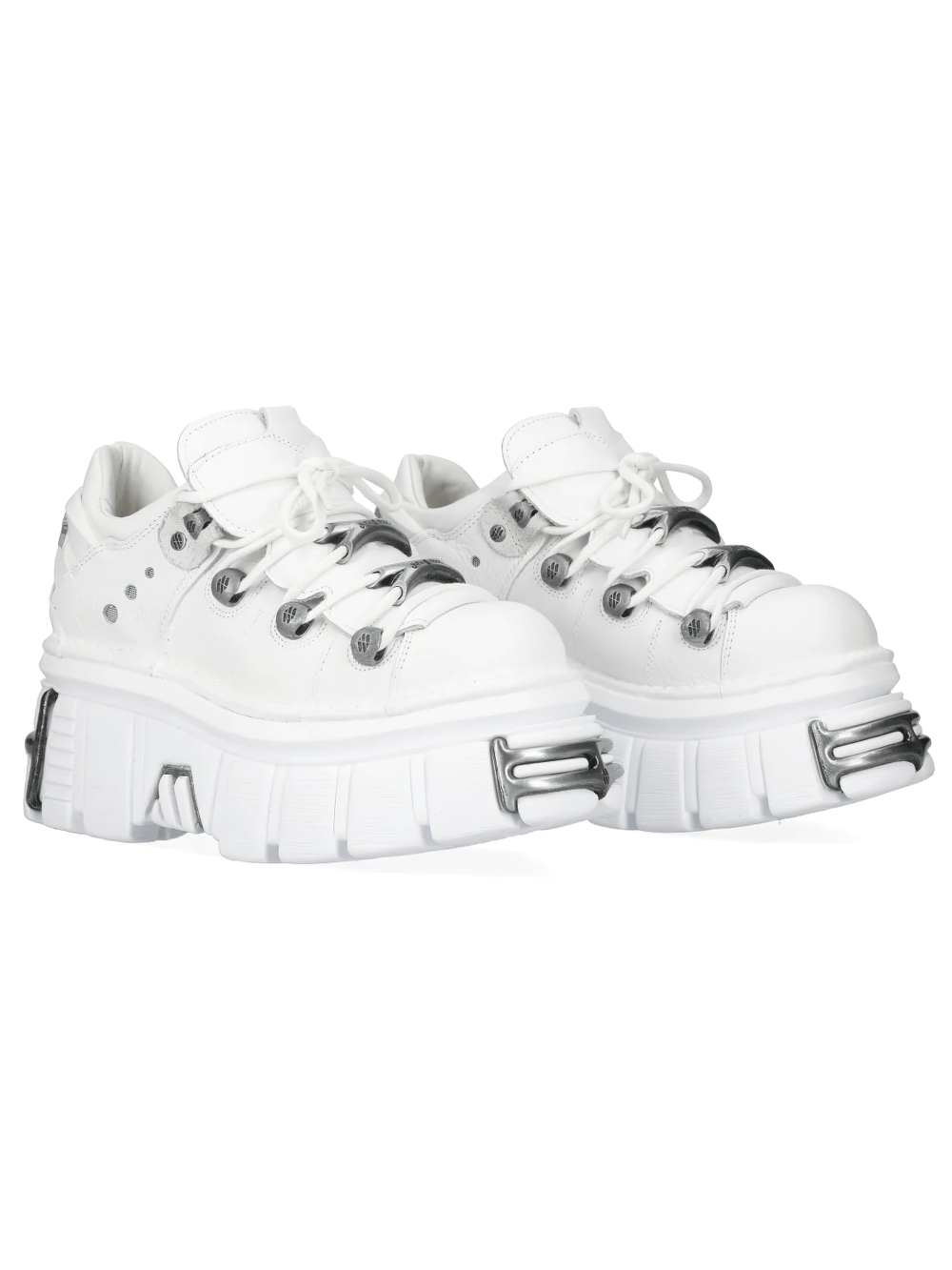 NEW ROCK Women's White Platform Shoes with Silver Hardware showcasing sculpted sole and bold punk design.