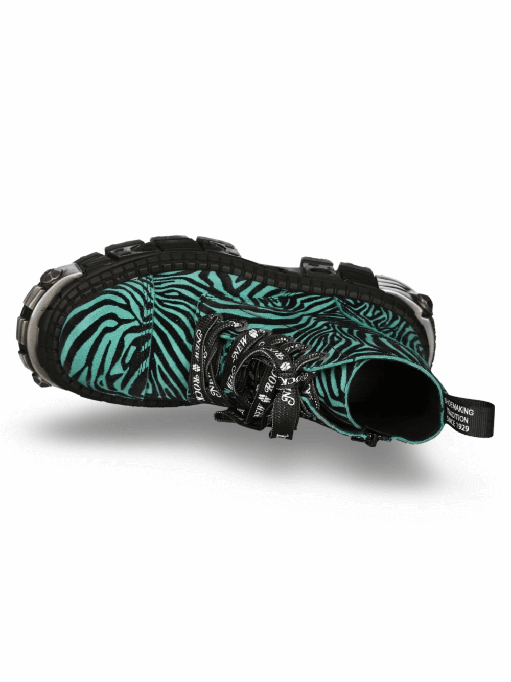 Top view of NEW ROCK Men's Zebra Print Ankle Boots with chunky sole and chain detail in black and green.