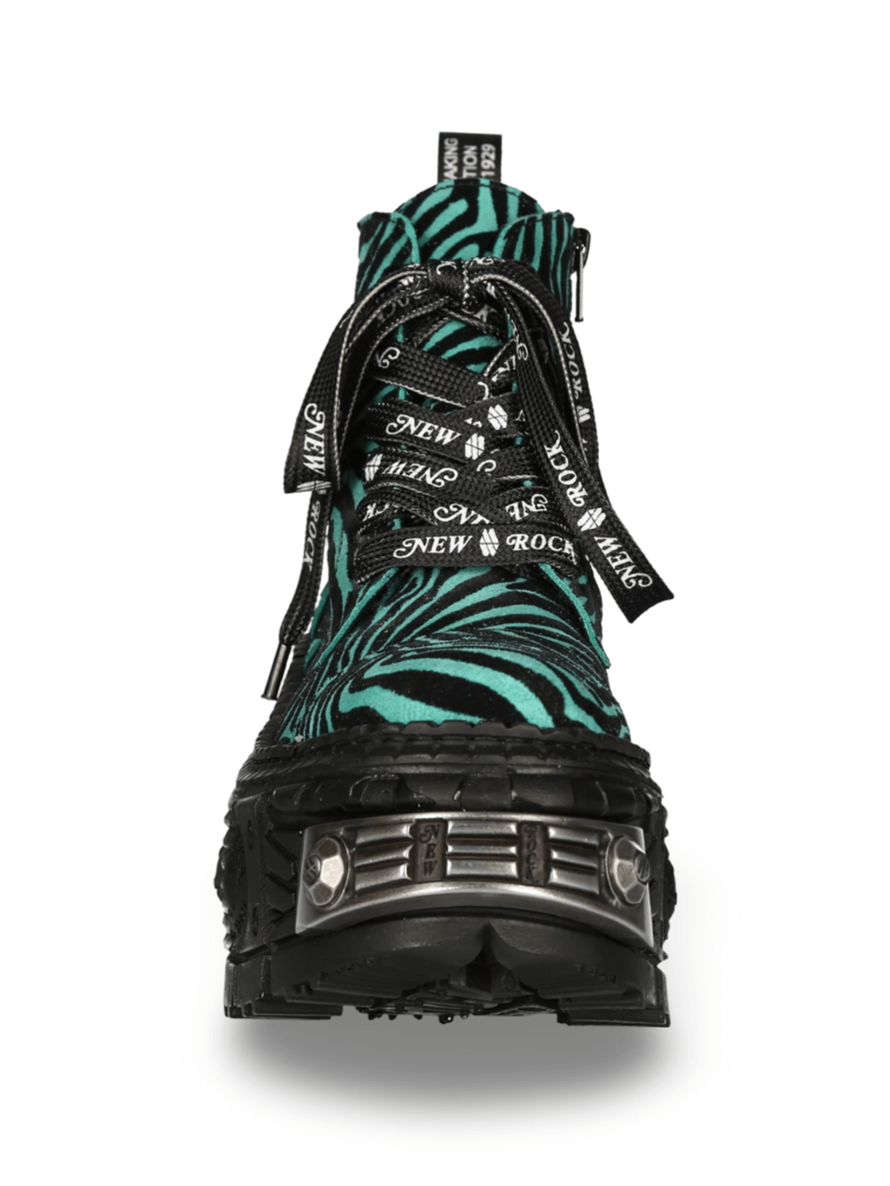 NEW ROCK Men's Zebra Print Ankle Boots with Chunky Sole featuring a bold black and green pattern and stylish chain details.