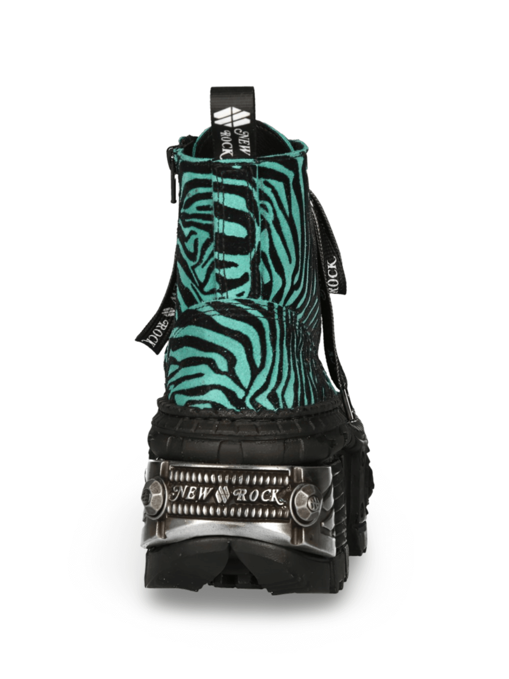 NEW ROCK zebra print ankle boots featuring a chunky sole and chain detail, perfect for an urban, bold style.