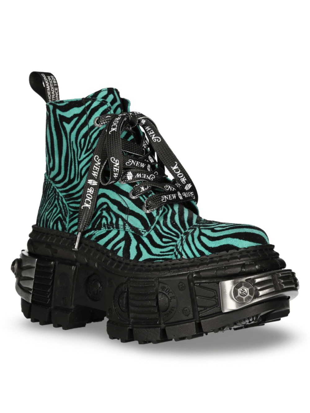 Stylish NEW ROCK men's zebra print ankle boots with chunky sole and chains, featuring a vibrant black and green pattern.