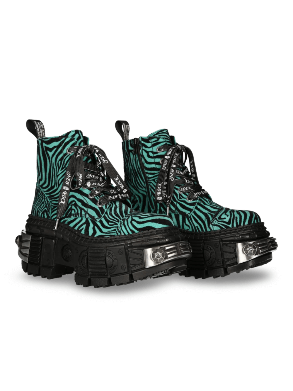 NEW ROCK Men's Zebra Print Ankle Boots in black and green with chunky sole and chain details, perfect for urban style.