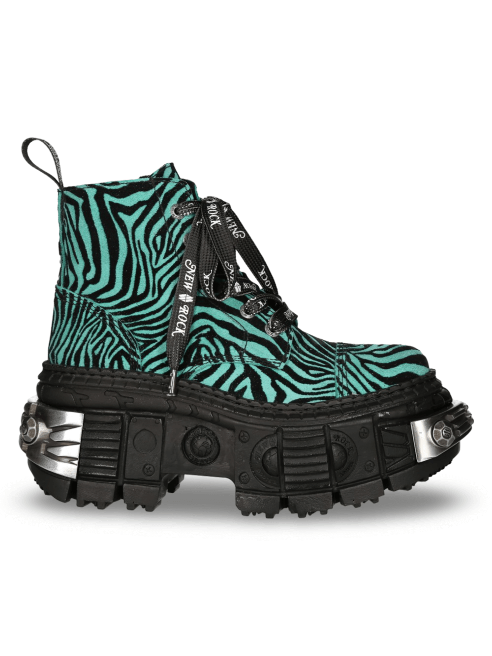 NEW ROCK Men's zebra print ankle boots with chunky sole and chain detail, urban style for bold fashion statements.