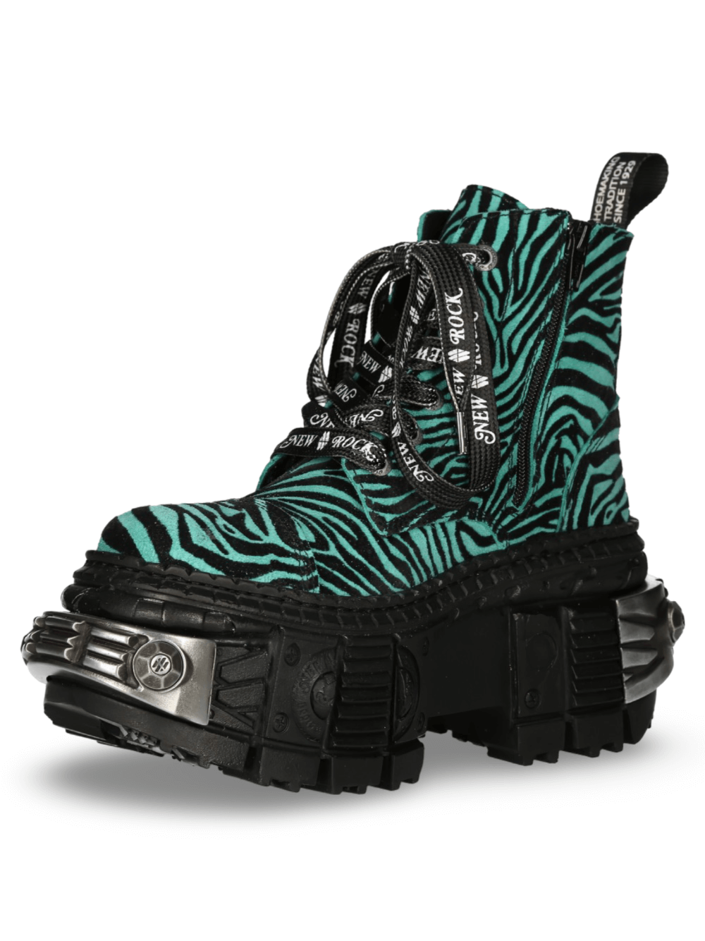 NEW ROCK Men's Zebra Print Ankle Boots with chunky sole and chain detail, bold black and green design for an urban style.