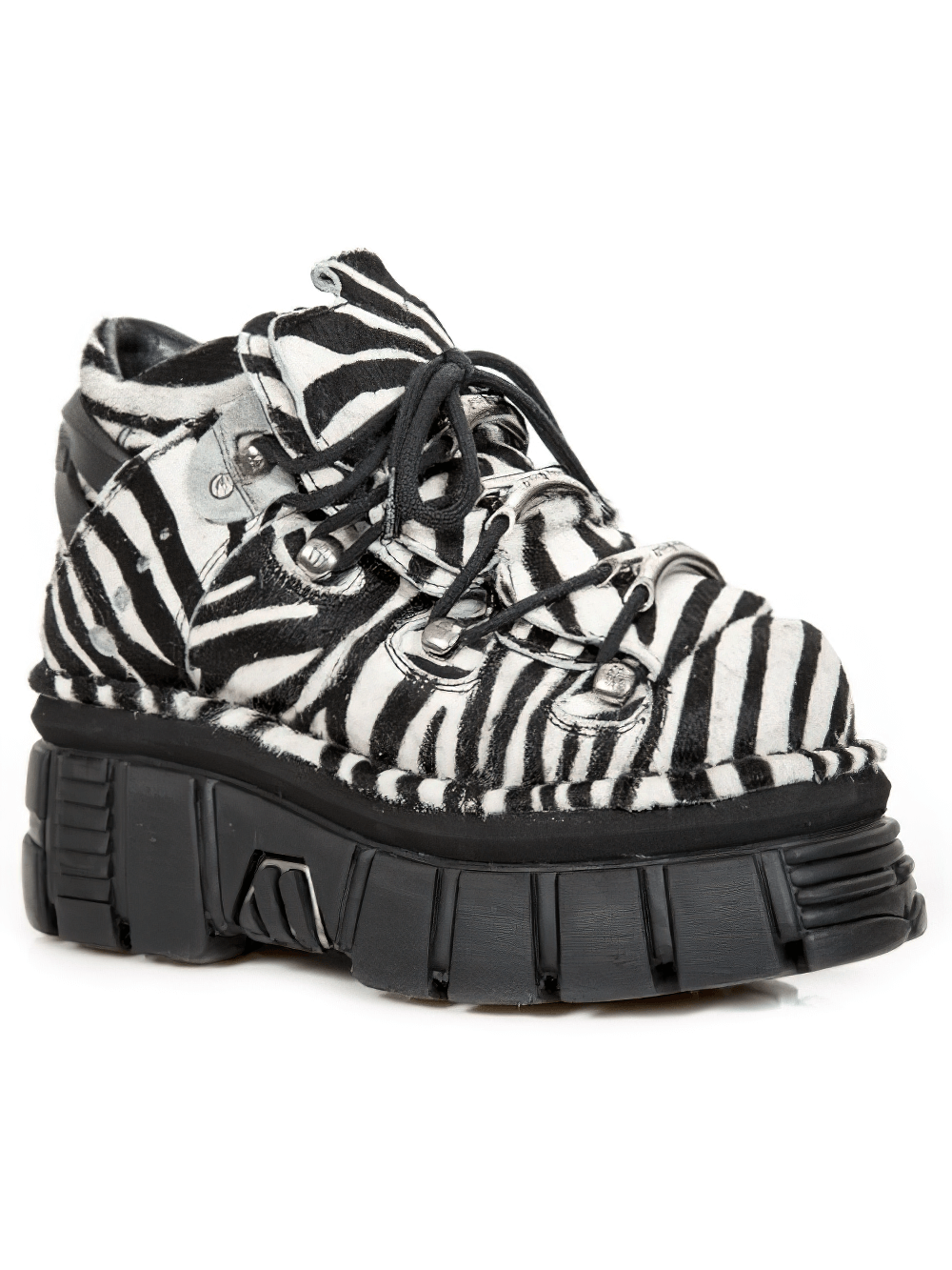 NEW ROCK Zebra Print Punk Ankle Boots with laces in black and white hair leather, featuring a chunky platform sole.