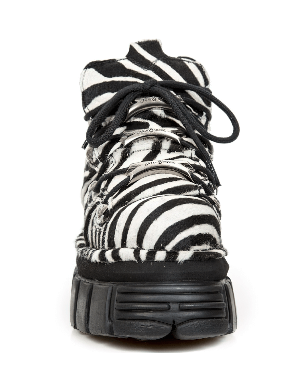 Front view of NEW ROCK zebra print punk ankle boots in black and white hair leather with laces and chunky sole.