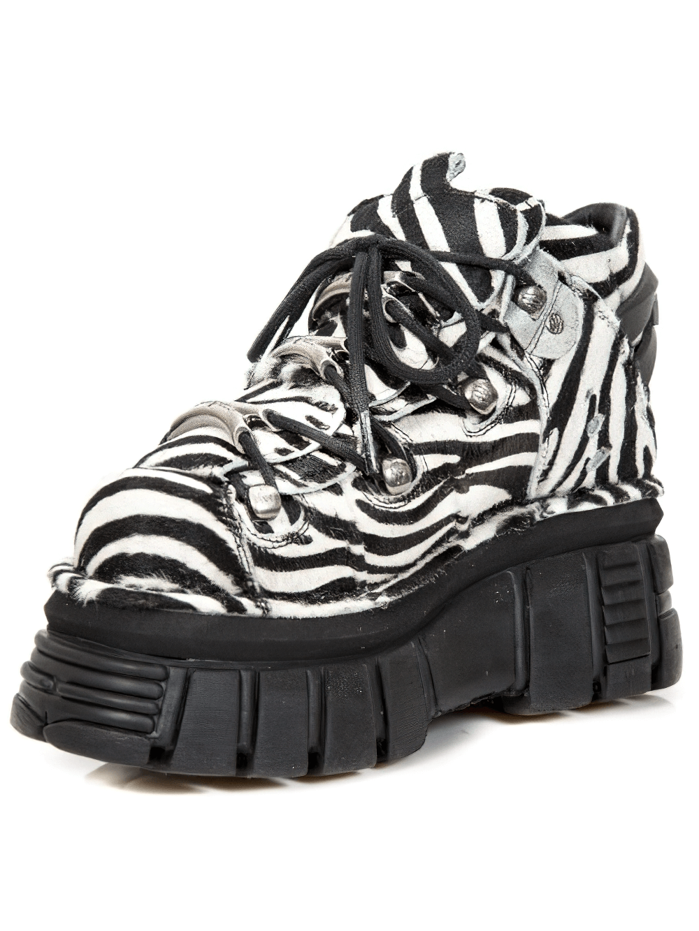 Stylish NEW ROCK zebra print punk ankle boots with laces, crafted from genuine hair leather, featuring a bold black and white design.