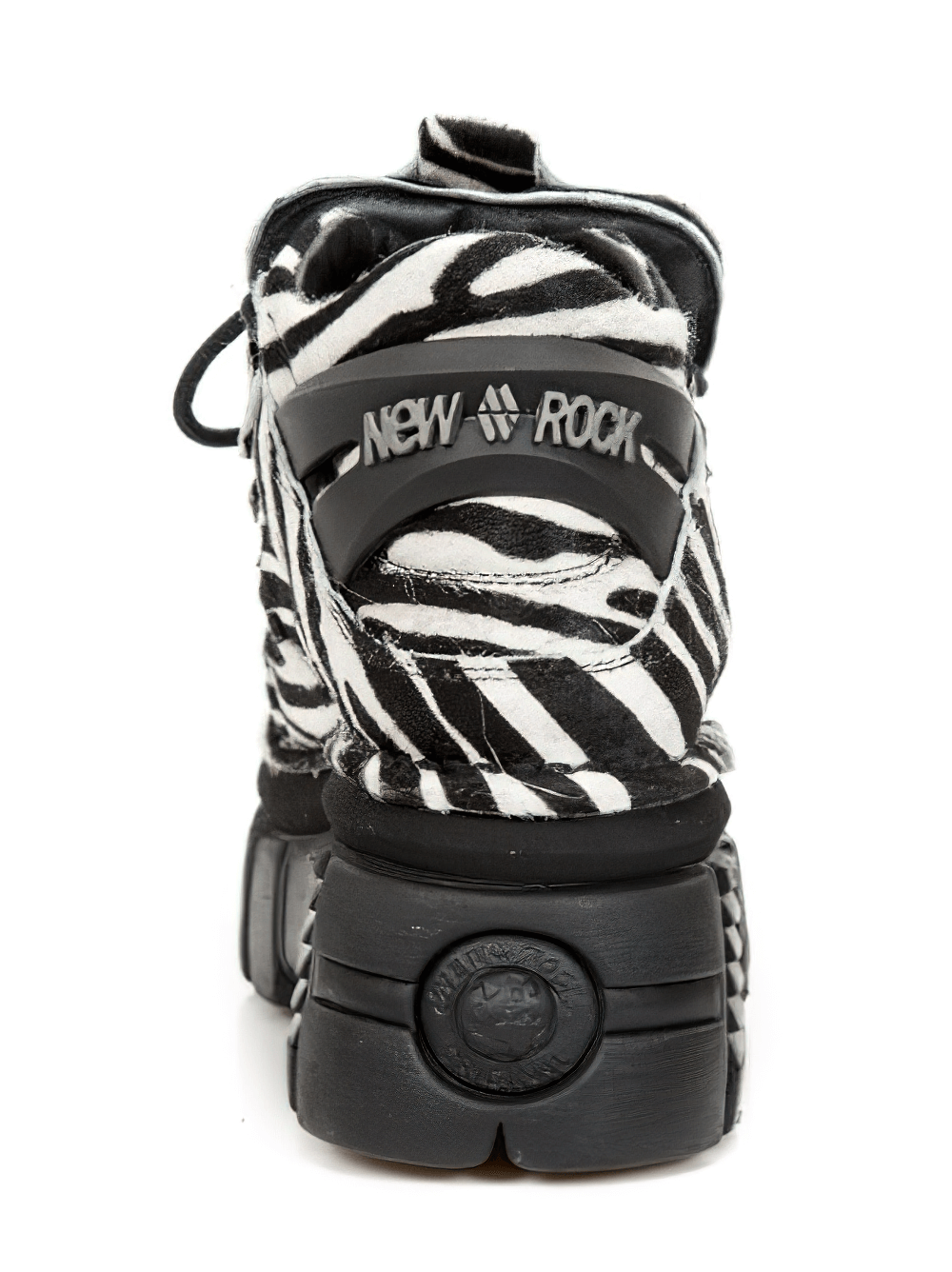 New Rock zebra print punk ankle boots featuring a stylish black and white hair leather design and durable PU-Ultra sole.