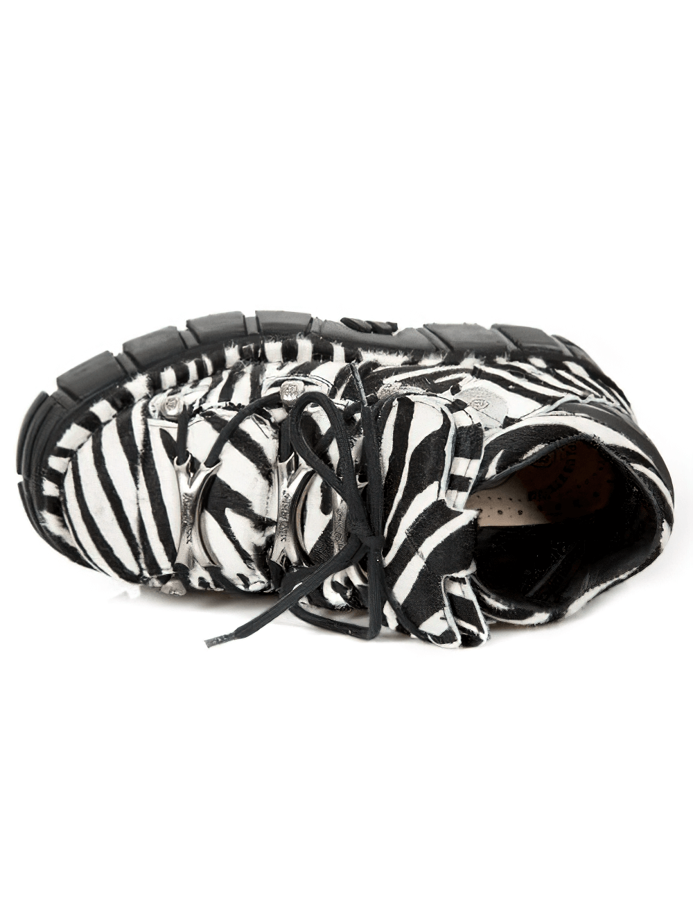 Black and white zebra print punk ankle boots with laces, showcasing a unique hair leather design and durable sole.