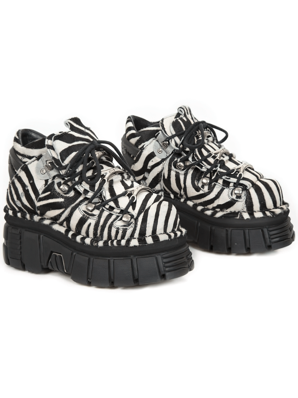 Stylish NEW ROCK zebra print punk ankle boots with laces in black and white hair leather, featuring a chunky platform sole.