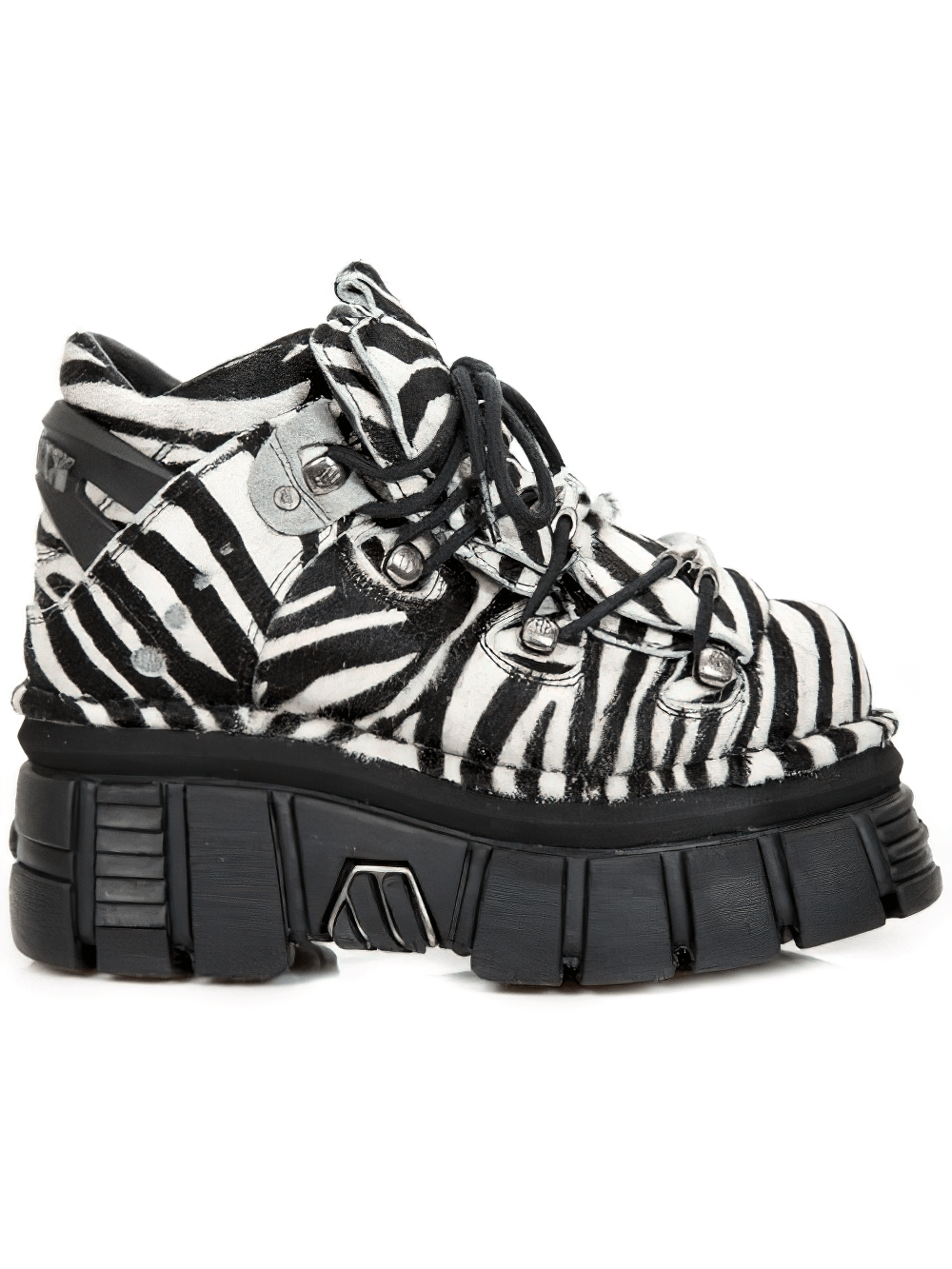 NEW ROCK Zebra Print Punk Ankle Boots in black and white hair leather with chunky sole and laces, perfect for a bold look.