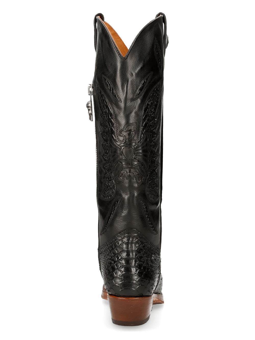 Back view of NEW ROCK Black Embossed Leather Cowboy Boots showcasing intricate designs and a durable zipper clasp.