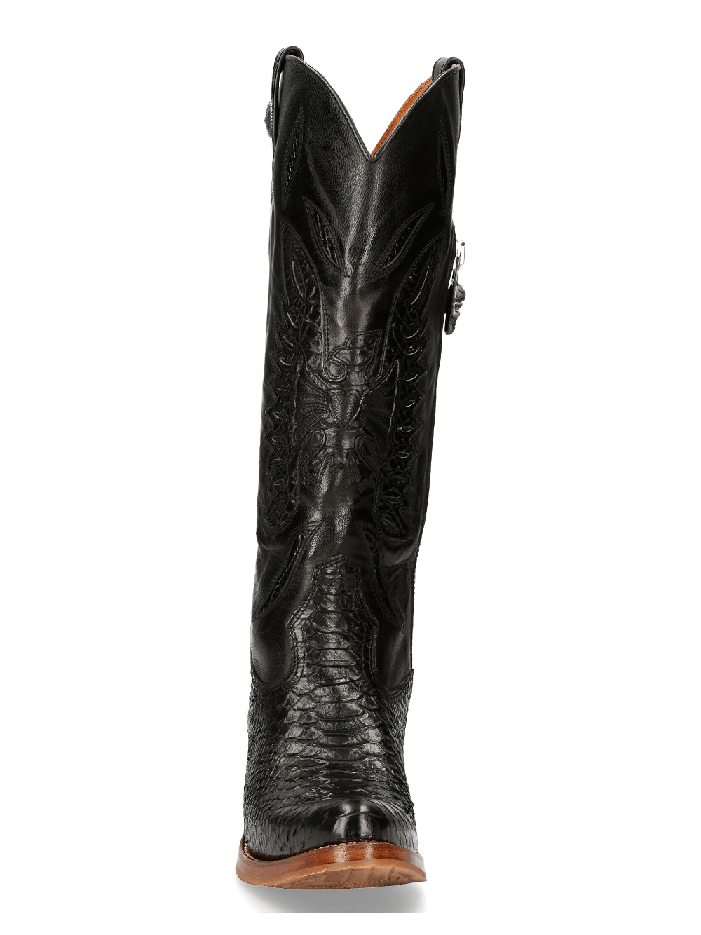 Stylish black embossed leather cowboy boots with a zipper clasp and high shaft design.