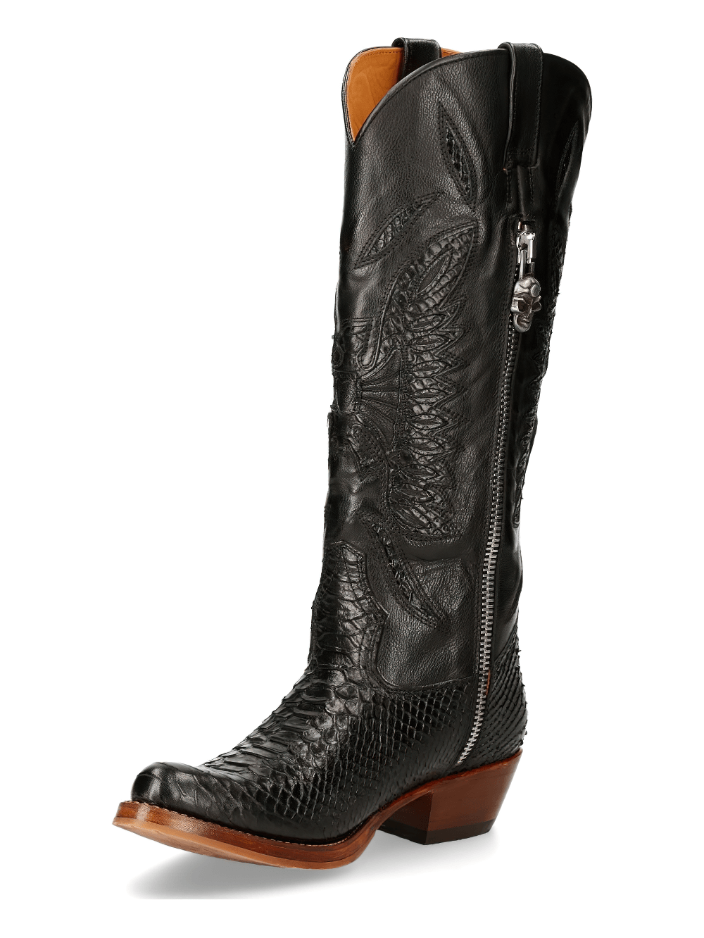 NEW ROCK Black Embossed Leather Cowboy Boots with zipper, 6cm heel, part of the Goodyear-Welt Collection.