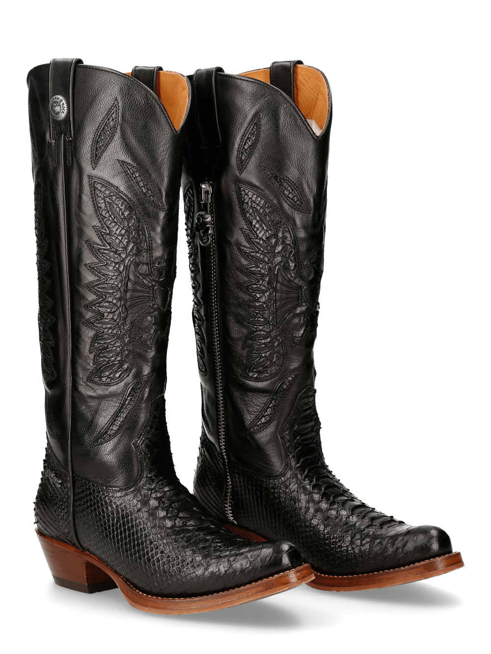 NEW ROCK Zippered Black Embossed Leather Cowboy Boots