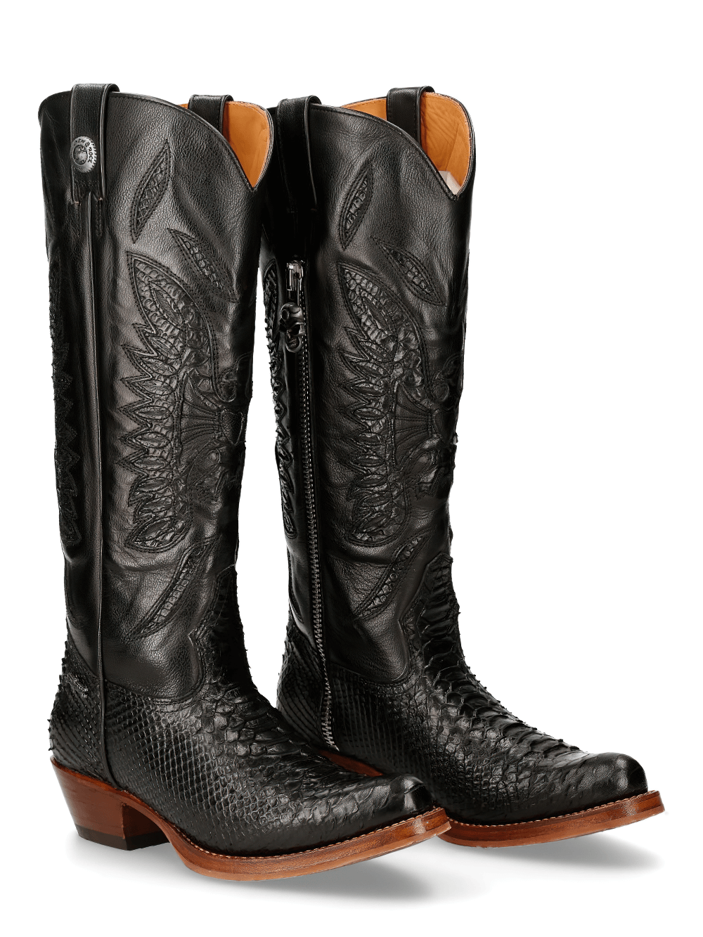 Men's NEW ROCK Black Embossed Leather Cowboy Boots with zipper and intricate design, 6cm heel, part of GOODYEAR-WELT COLLECTION.
