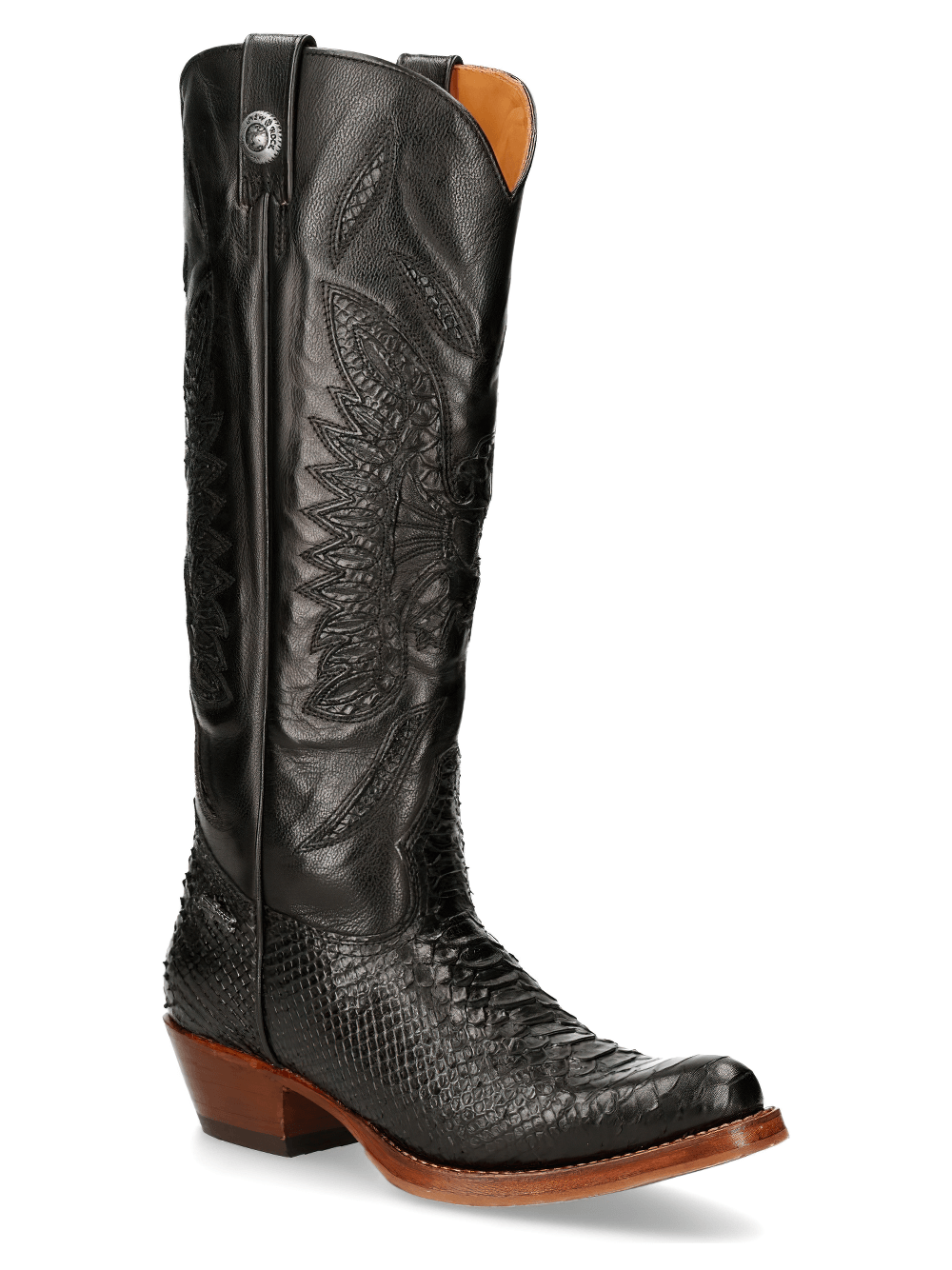 Stylish NEW ROCK Black Embossed Leather Cowboy Boots with zipper, featuring a classic western design and durable Goodyear welt.