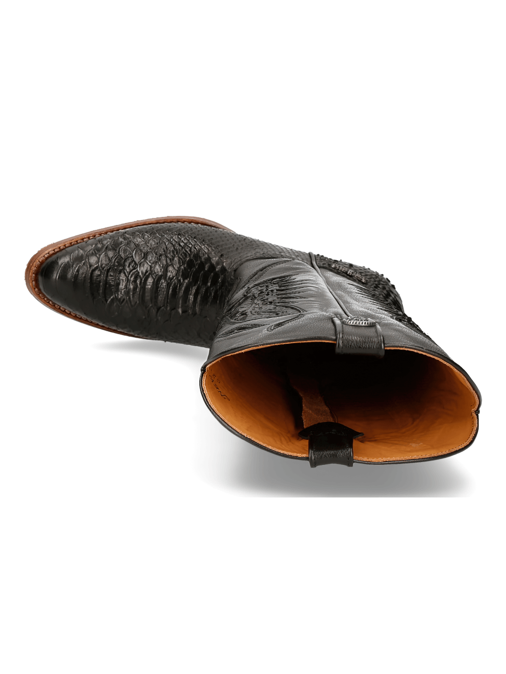 NEW ROCK Black Embossed Leather Cowboy Boots with zipper and classic western design.