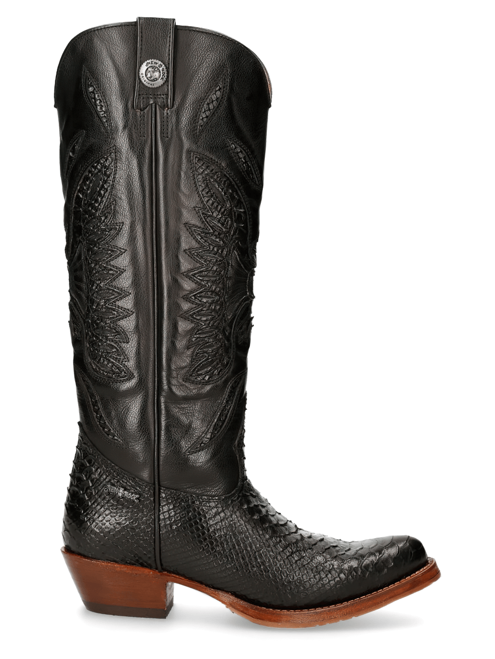 Black embossed leather cowboy boot with a stylish design, featuring a high shaft and intricate detailing, perfect for any cowboy.