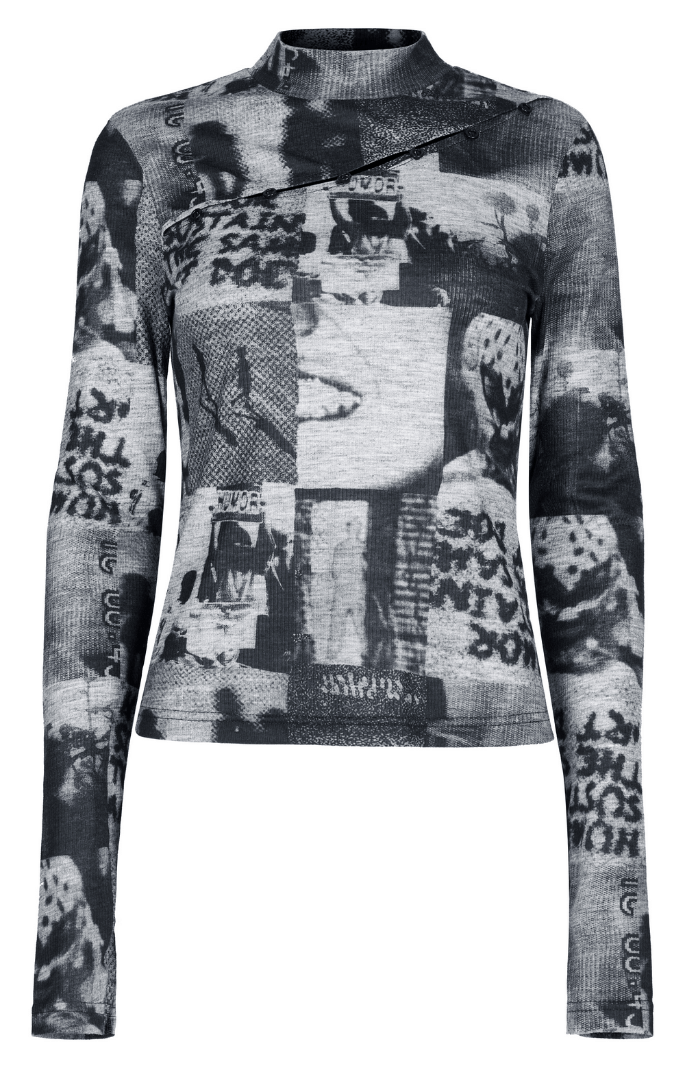 Newspaper Print Long Sleeves Top with Button Detail