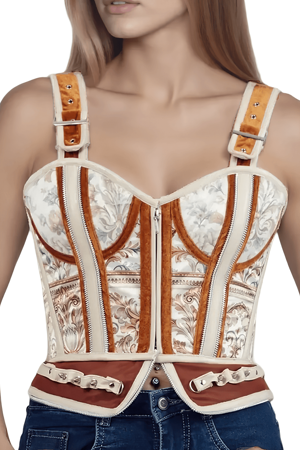 Nichelle Baroque Floral Corset with Buckle Straps featuring elegant floral pattern and structured design.