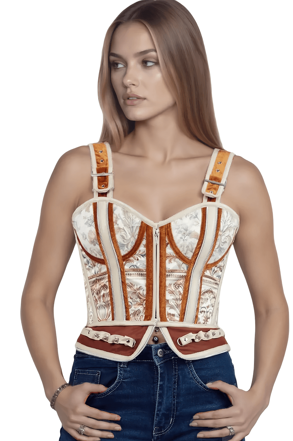 Nichelle Baroque Floral Corset with Buckle Straps featuring ornate floral design and structured support.