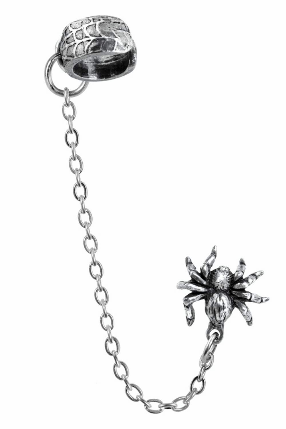 Nidus Spider Ear Cuff with Chain and Web Design featuring gothic spider and web aesthetic on surgical steel.