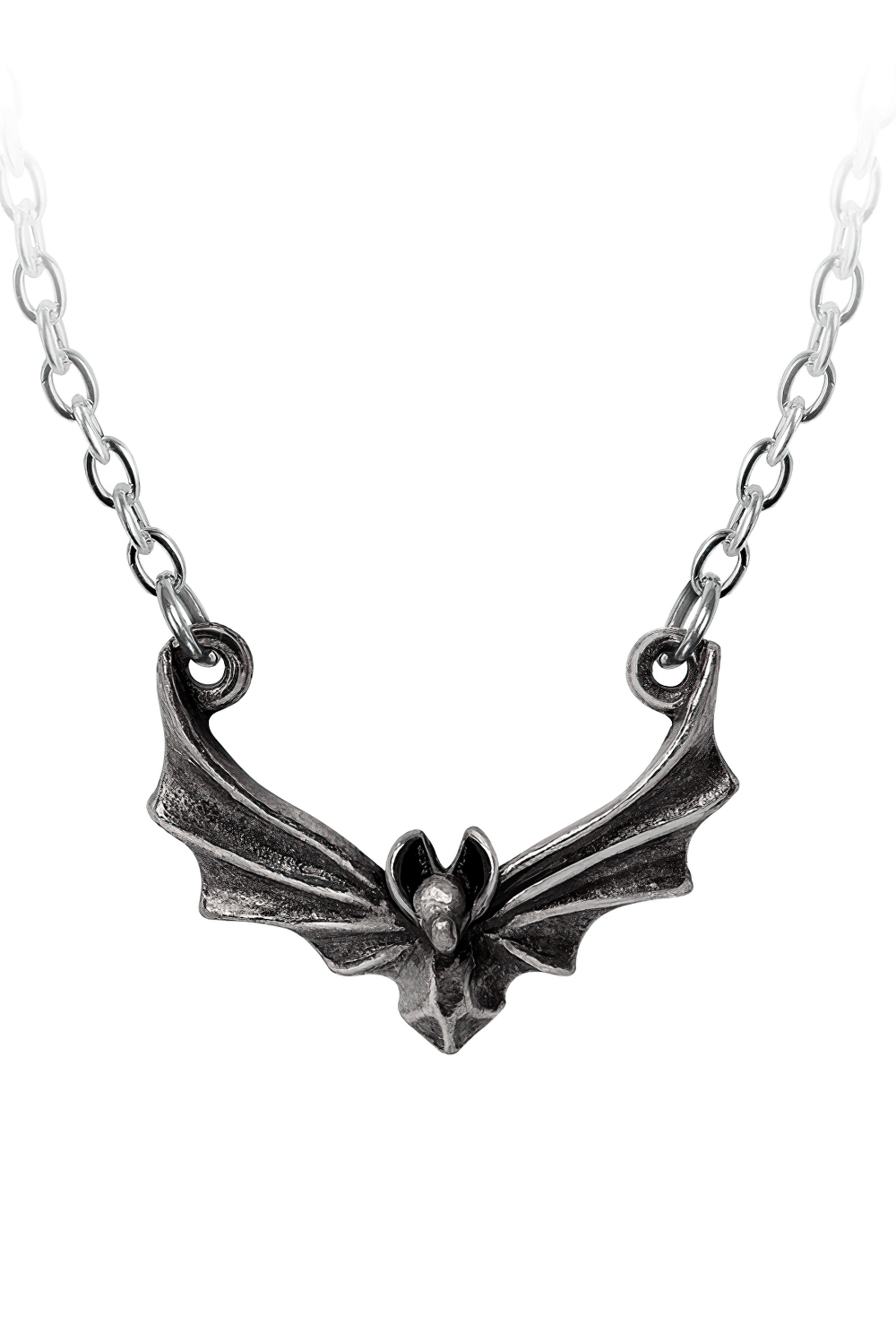 Gothic Night Bat Pendant in antiqued pewter, featuring intricate details and a dark charm, perfect for gothic jewelry lovers.