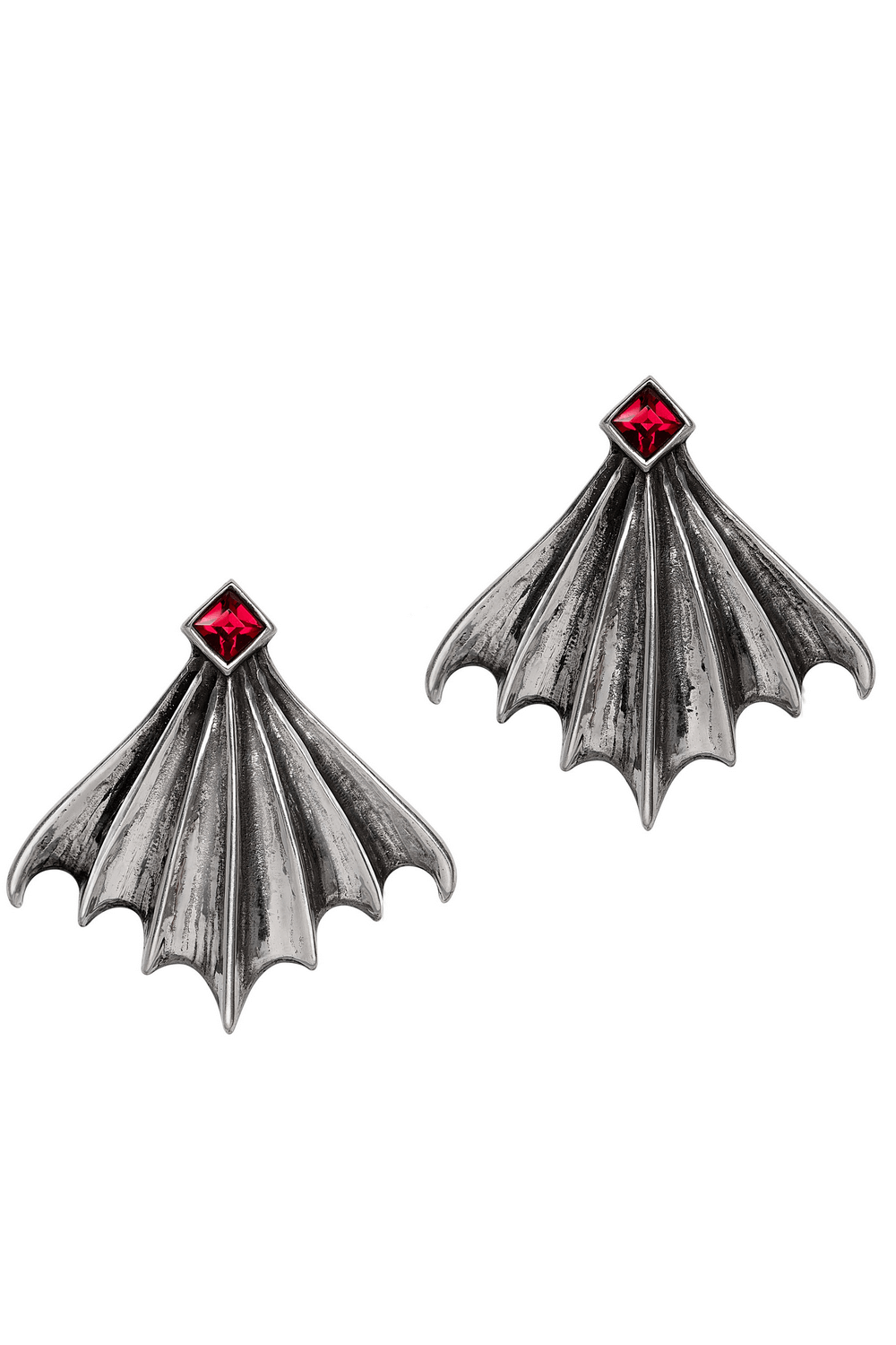 Gothic bat wing stud earrings in fine pewter with red Siam crystals, perfect for adding a mysterious touch to any outfit.