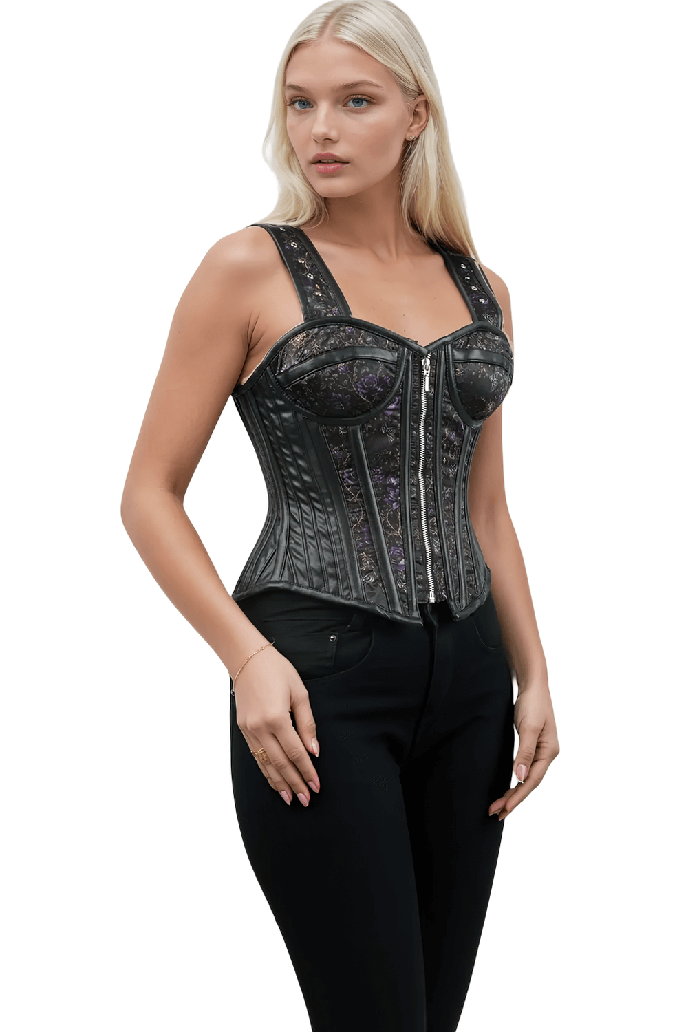 Nocturnal Bloom Overbust Corset with Straps and Zip Front in black with floral details and structured support.