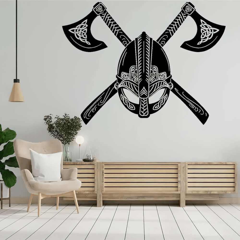 Calcomanía de pared de casco vikingo nórdico y hachas cruzadas