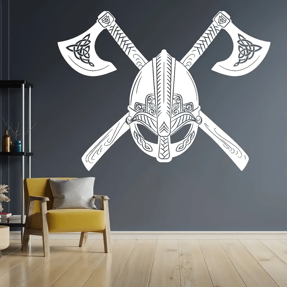 Calcomanía de pared de casco vikingo nórdico y hachas cruzadas