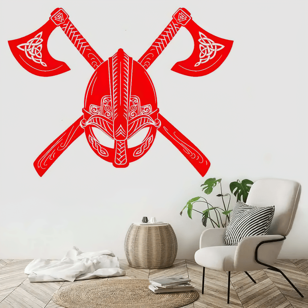 Calcomanía de pared de casco vikingo nórdico y hachas cruzadas