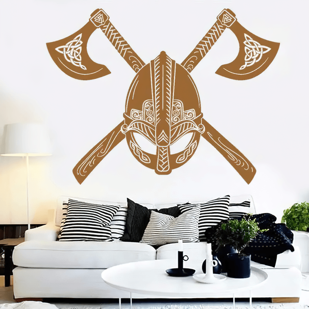 Calcomanía de pared de casco vikingo nórdico y hachas cruzadas