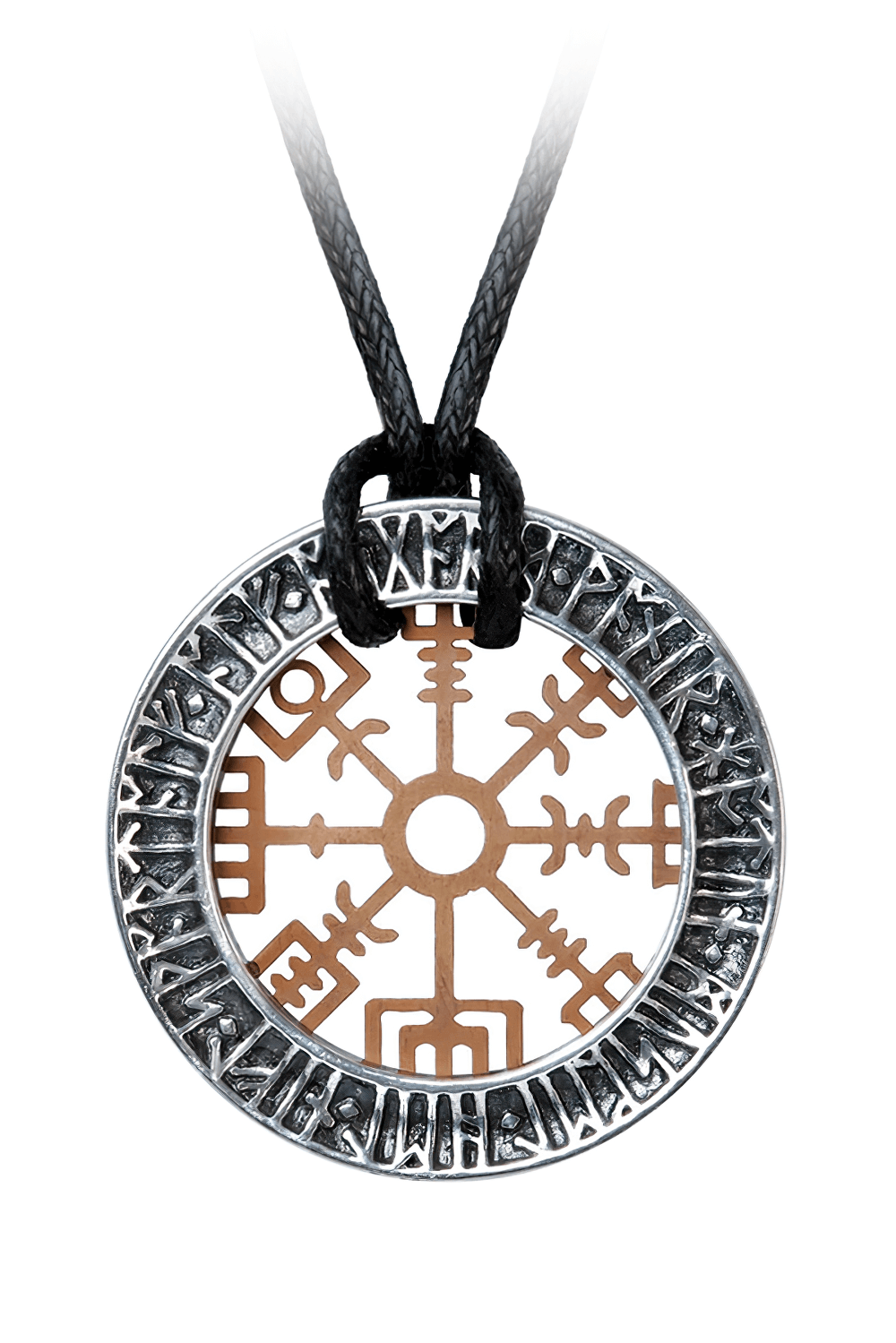 Nordic Wayfinder Vegvisir rune pendant necklace with runic detailing and leather cord.