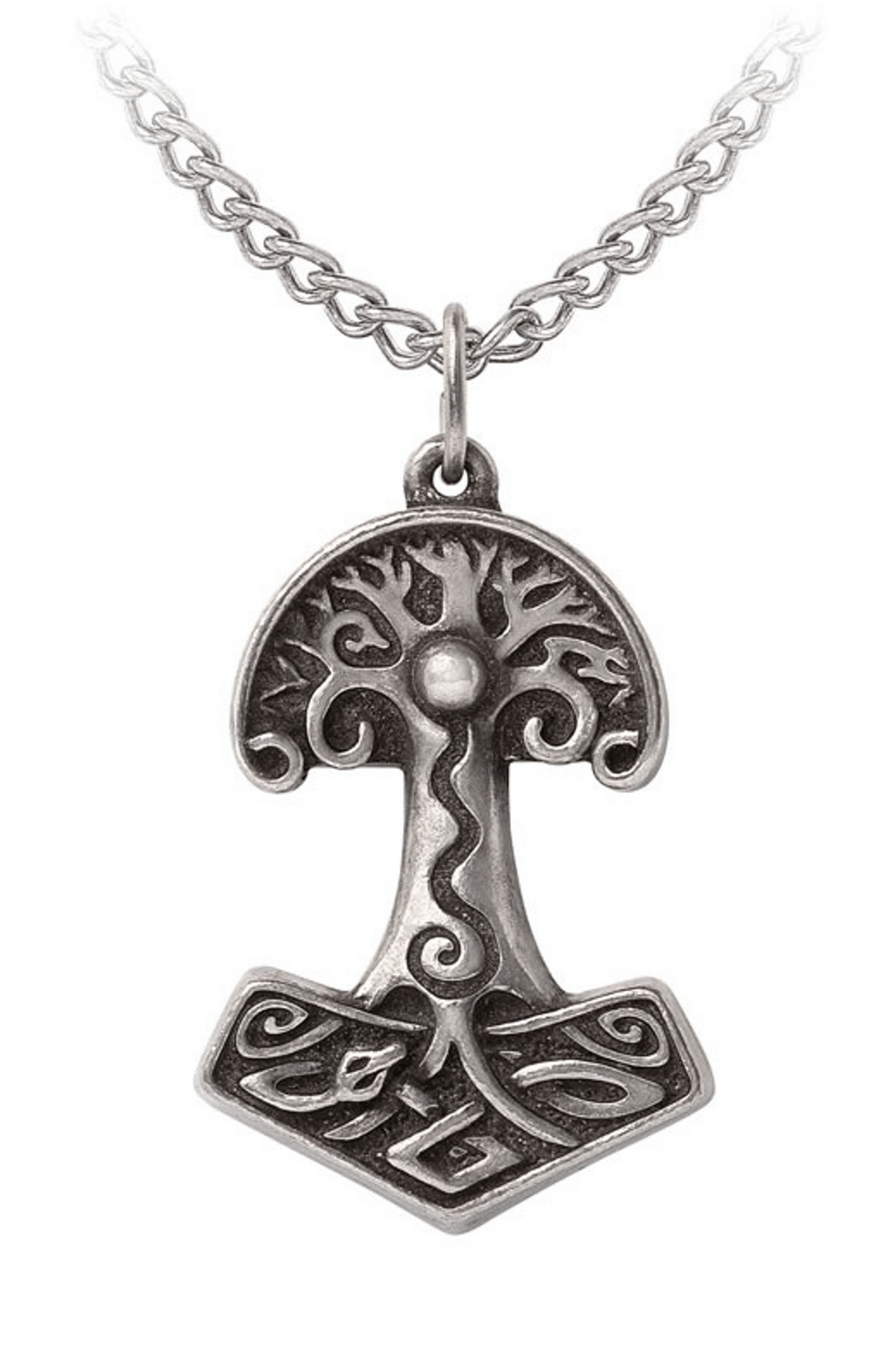 Norse Yggdrasil Hammer Pendant with Celtic Detailing featuring a pendant with Viking symbolism and tree design.