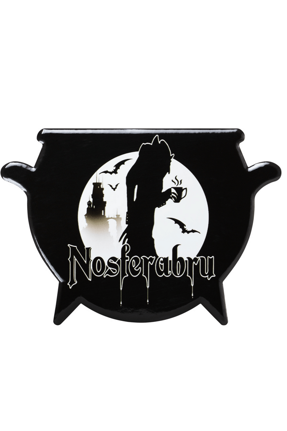 Nosferabru vampire cauldron coaster featuring a haunting silhouette and gothic design for spooky home decor.