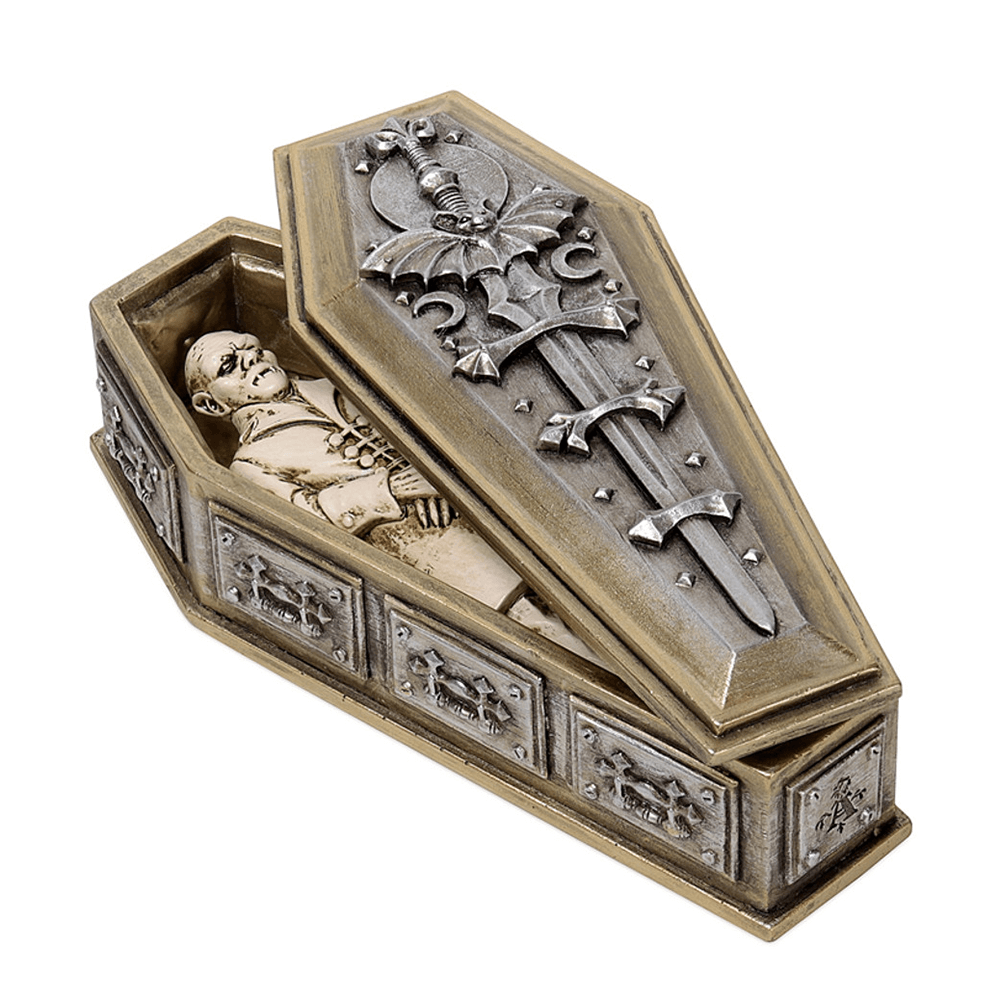 Gothic Nosferatu's Rest vampire casket with a figure, featuring intricate bat design and detailed coffin art.